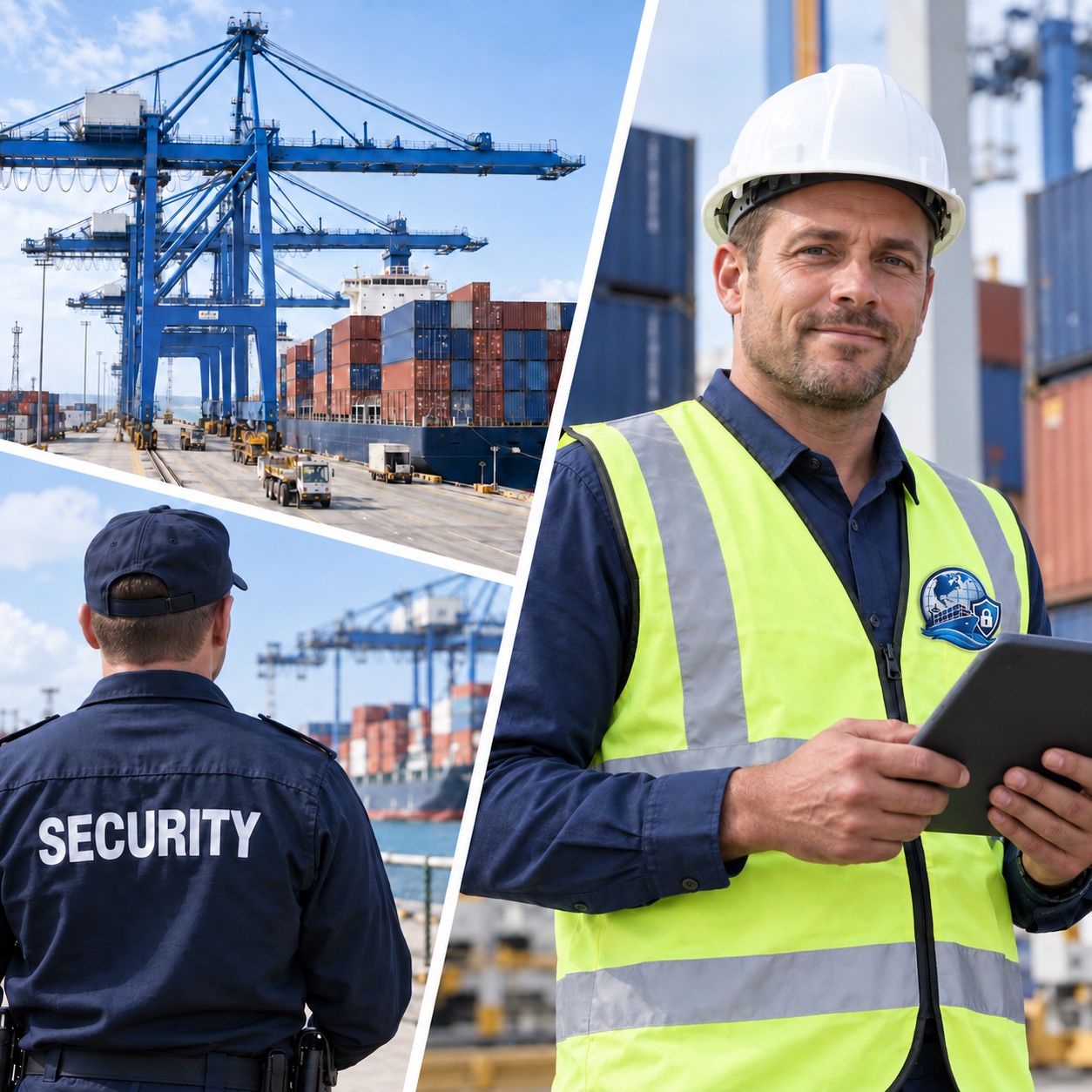 Port cranes, a logistics specialist, and a security officer overseeing cargo operations